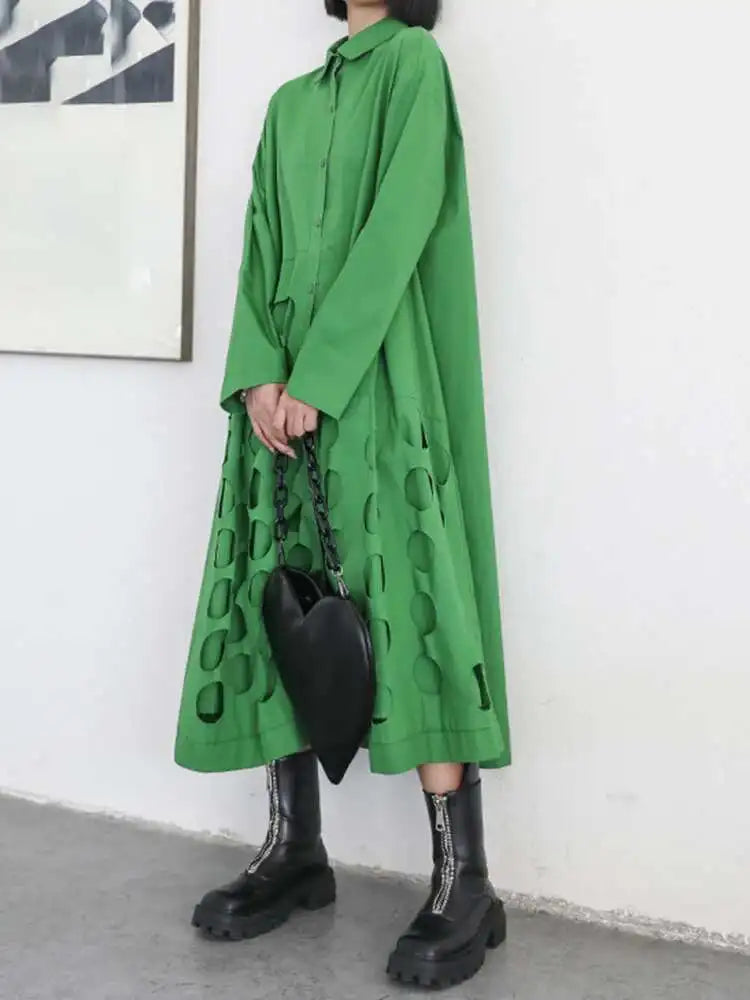Women Black Hollow Out Big Size Midi Shirt Dress New Lapel Long Sleeve Loose Fit Fashion Tide Spring Autumn 2025 1DF6037