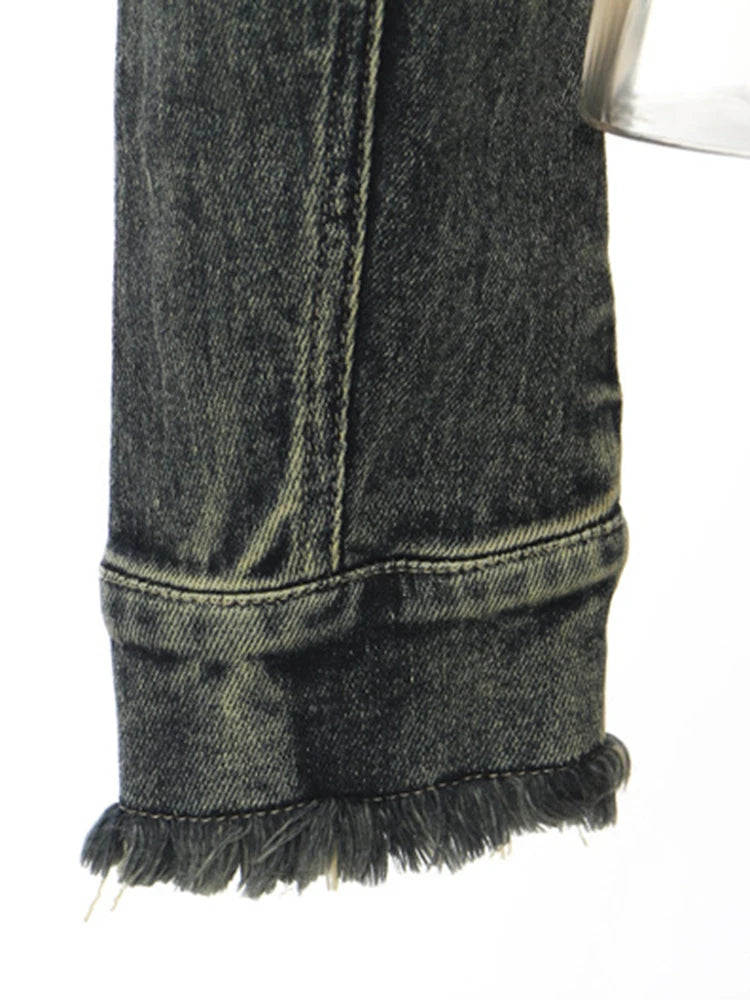 Blue Denim Irregular Hem Design Burr Slim Jacket New Lapel Long Sleeve Women Coat Fashion Tide Spring Autumn 2025 1DH5938