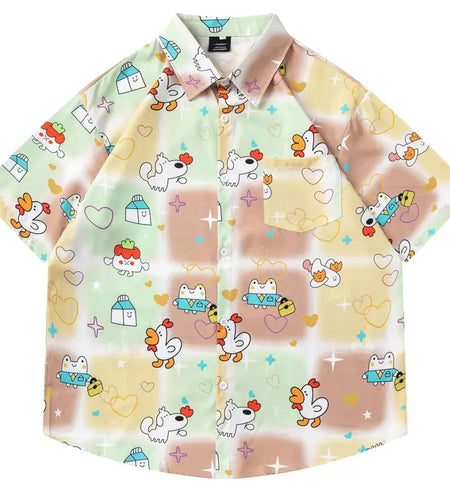 Summer Hawaiian Shirts Streetwear Funny Cartoon Graphic Printed Button Up Short Sleeve Beach Blouse Harajuku Casual Baggy Tops