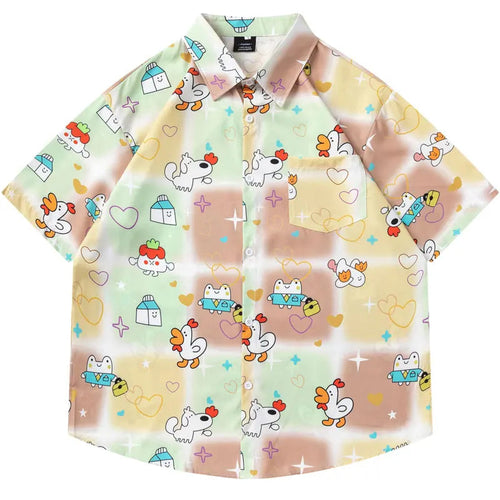 Summer Hawaiian Shirts Streetwear Funny Cartoon Graphic Printed Button Up Short Sleeve Beach Blouse Harajuku Casual Baggy Tops