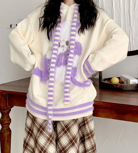 Kawaii Patchwork Striped Sweaters Sweet Y2k Women Hooded Knitwear Loose Cute Rabbit Ears Flocking Pullovers Female Fashion Chic