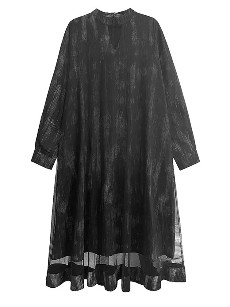 Women Black Hollow Out Mesh Spliced Big Size Dress New Stand Collar Long Sleeve Fashion Tide Spring Autumn 2025 1DJ0051