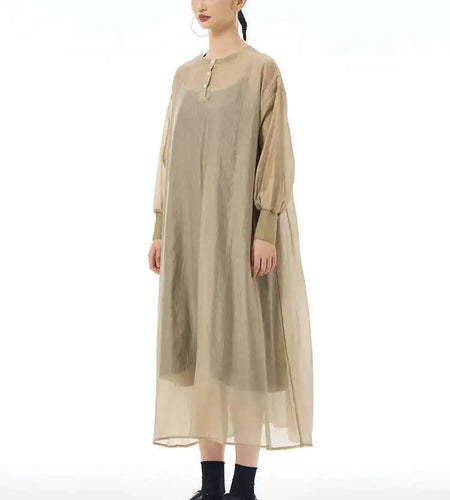 Women Khaki Mesh Perspective Big Size Thin Dress New Round Neck Long Sleeve Fashion Tide Spring Autumn 2025 1DH7412