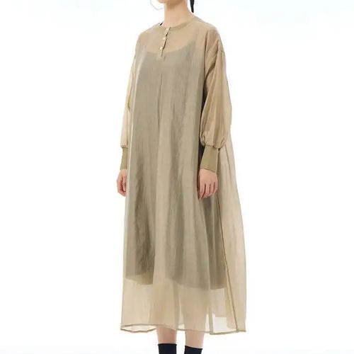 Load image into Gallery viewer, Women Khaki Mesh Perspective Big Size Thin Dress New Round Neck Long Sleeve Fashion Tide Spring Autumn 2025 1DH7412
