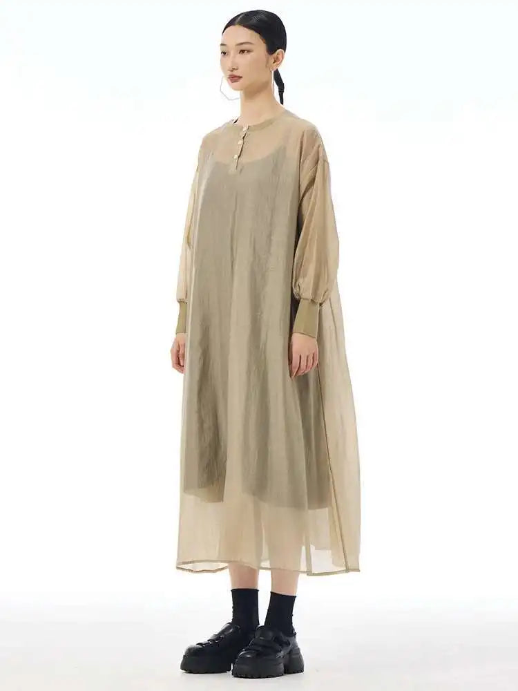 Women Khaki Mesh Perspective Big Size Thin Dress New Round Neck Long Sleeve Fashion Tide Spring Autumn 2025 1DH7412