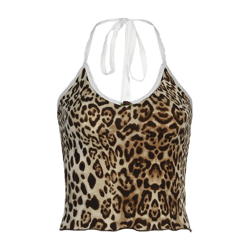 Vintage Y2K Leopard Lace Trim Sexy Top Camisole Short Backless 90s Aesthetic Appliques Frill Halter Top Summer Kawaii