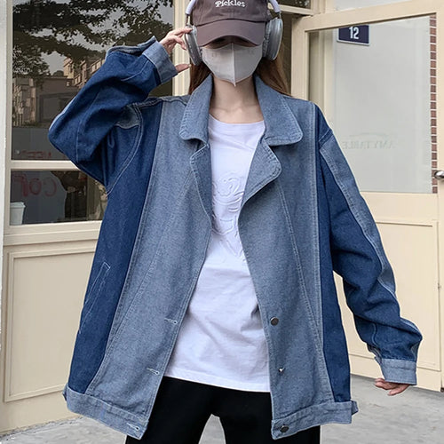 Load image into Gallery viewer, Suit Collar Denim Coat Women Autumn Winter Korean New Fashion Loose Casual Spell Color Blue Denim Jacket Female S-XL
