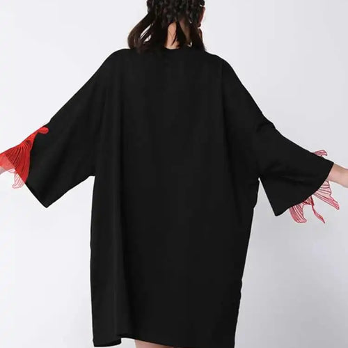 Load image into Gallery viewer, Women Black Fish Embroidery Knee Length Big Size Dress New Round Neck Wrist Sleeve Fashion Tide Spring Autumn 2025 OA868
