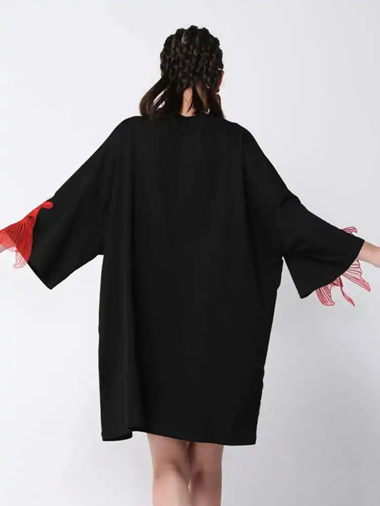 Women Black Fish Embroidery Knee Length Big Size Dress New Round Neck Wrist Sleeve Fashion Tide Spring Autumn 2025 OA868