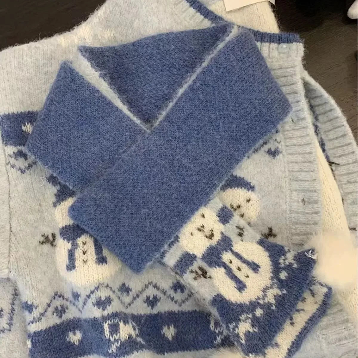 Autumn Winter Women 2024 Fashion Patchwork Single Breasted Knit Cardigan Sweater Ladies Round Neck Long Sleeved Tops And Scarf