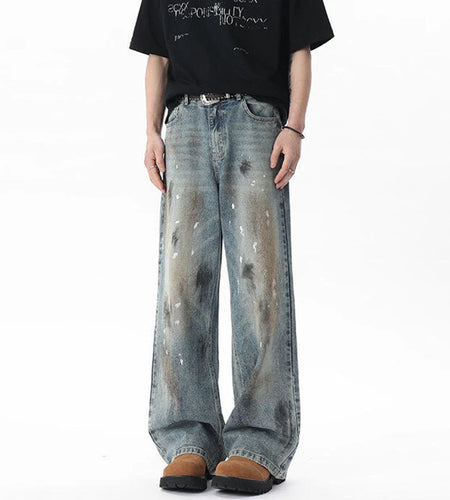 Men's Jeasn New American Style Soil Splashed Ink Spot Decoration Straight Leg Trendy Male Distressed Trousers 9W1804