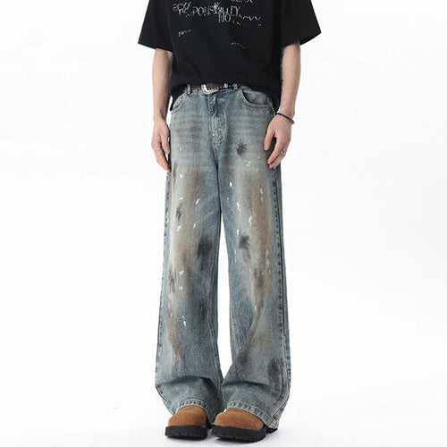 Load image into Gallery viewer, Men's Jeasn New American Style Soil Splashed Ink Spot Decoration Straight Leg Trendy Male Distressed Trousers 9W1804
