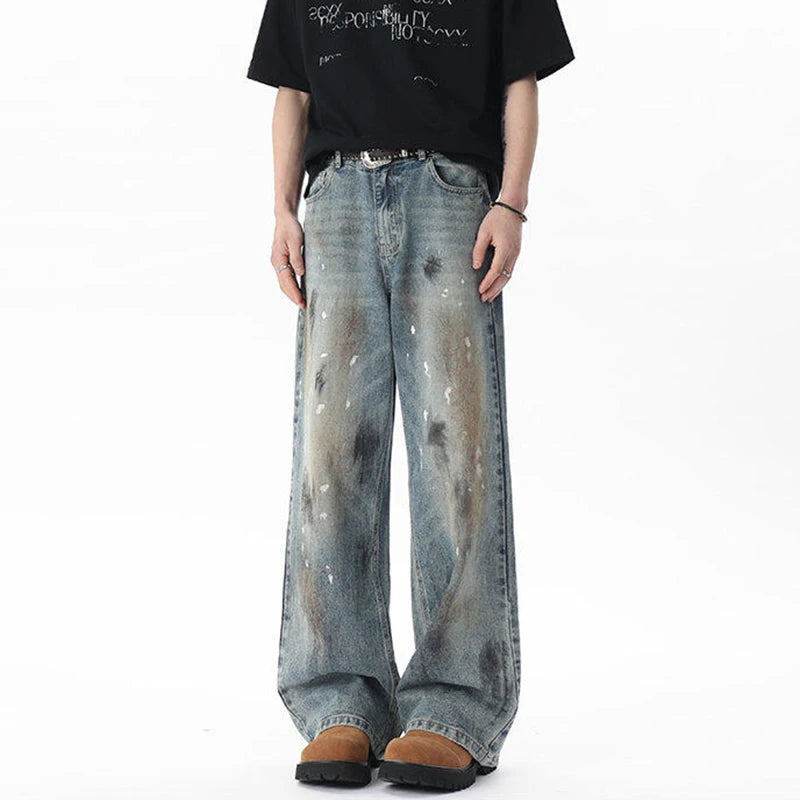 Men's Jeasn New American Style Soil Splashed Ink Spot Decoration Straight Leg Trendy Male Distressed Trousers 9W1804