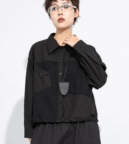 Women Black Irregular Drawstring Big Size Casual Blouse New Lapel Long Sleeve Shirt Fashion Spring Autumn 2025 1DJ0475