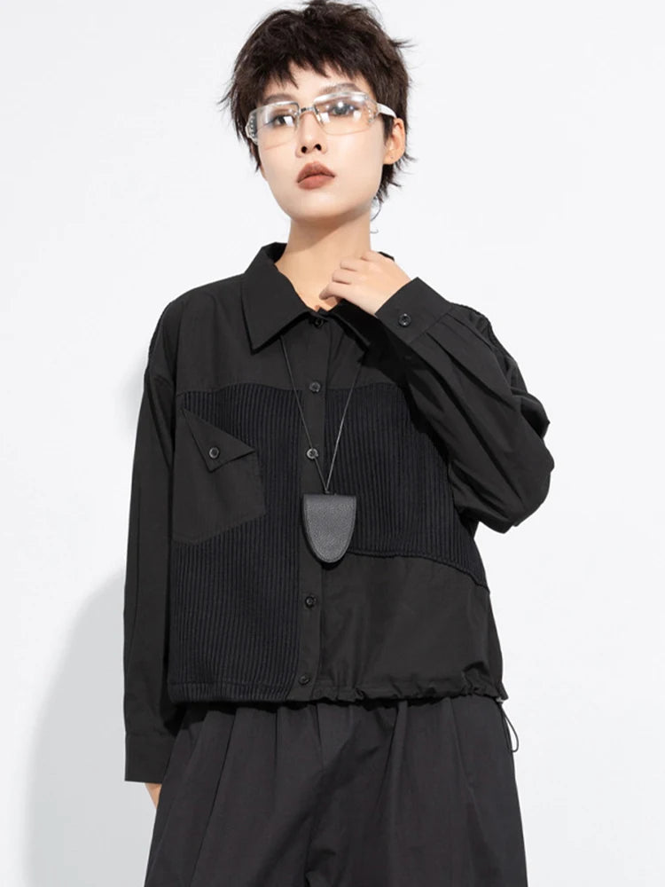 Women Black Irregular Drawstring Big Size Casual Blouse New Lapel Long Sleeve Shirt Fashion Spring Autumn 2025 1DJ0475