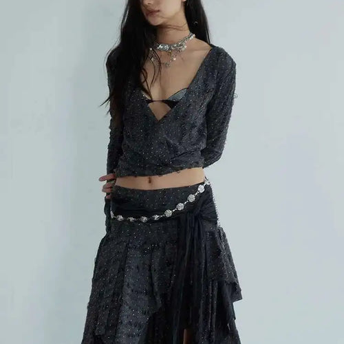 Load image into Gallery viewer, Dark Gray Knitting T-shirt Half-body Skirt Two Pieces Suit New V-Neck Long Sleeve Women Fashion Spring Autumn 2025 1DH7078
