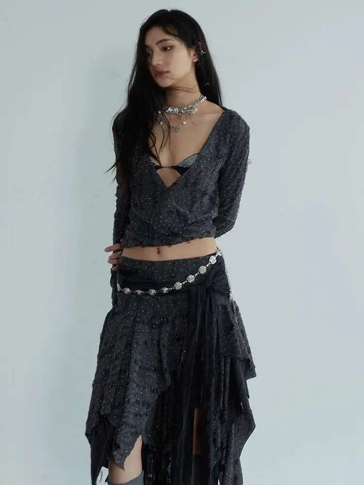 Dark Gray Knitting T-shirt Half-body Skirt Two Pieces Suit New V-Neck Long Sleeve Women Fashion Spring Autumn 2025 1DH7078