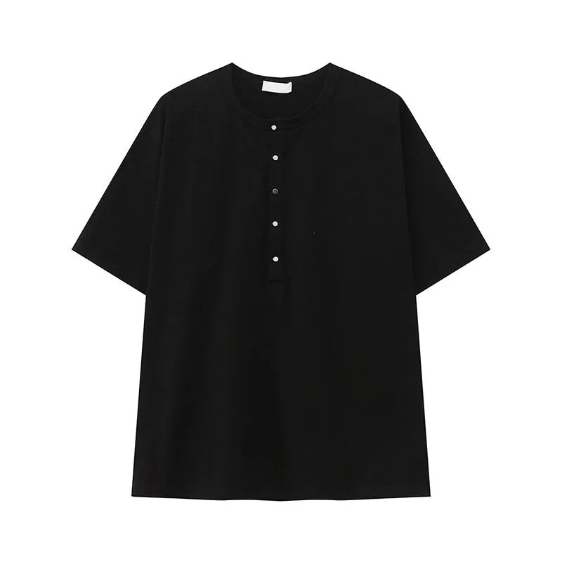 Men's Short Sleeve T-shirts New Summer Solid Color Casual Style Button Half Open Design Round Collar Loose Male Top 9W1600