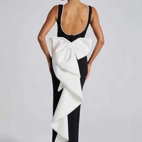 Load image into Gallery viewer, Elegant Pearl Bow Backless Sexy Maxi Dress Women Gown Fashion Sleeveless High Waist A-line Club Party Long Dress
