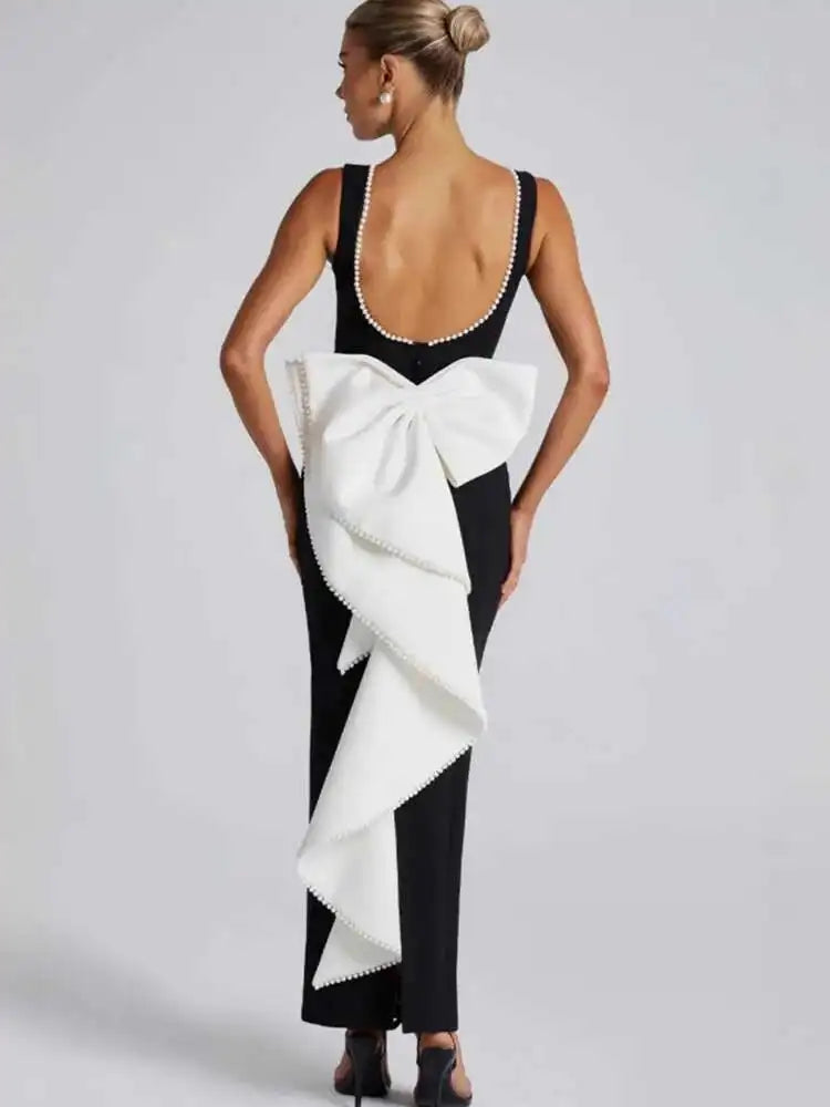 Elegant Pearl Bow Backless Sexy Maxi Dress Women Gown Fashion Sleeveless High Waist A-line Club Party Long Dress