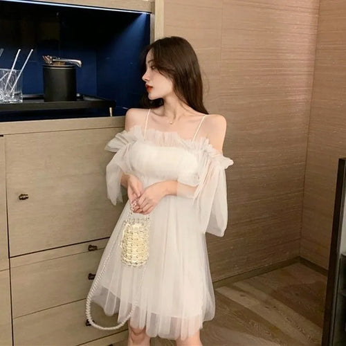 Load image into Gallery viewer, Mesh Fairy Dress Women Sundress Summer Spaghetti Stap Slip Elegant Off Shoulder Black Dress Sweet Kawaii Cute Fashion
