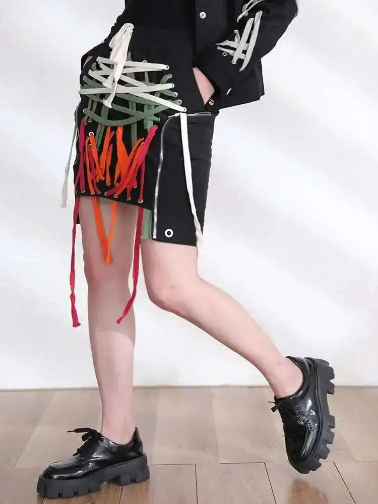 High Elastic Waist clolorful  Asymmetrical Bandage Midi Half-body Skirt Women Fashion Tide New Spring Summer 2025 1W91209