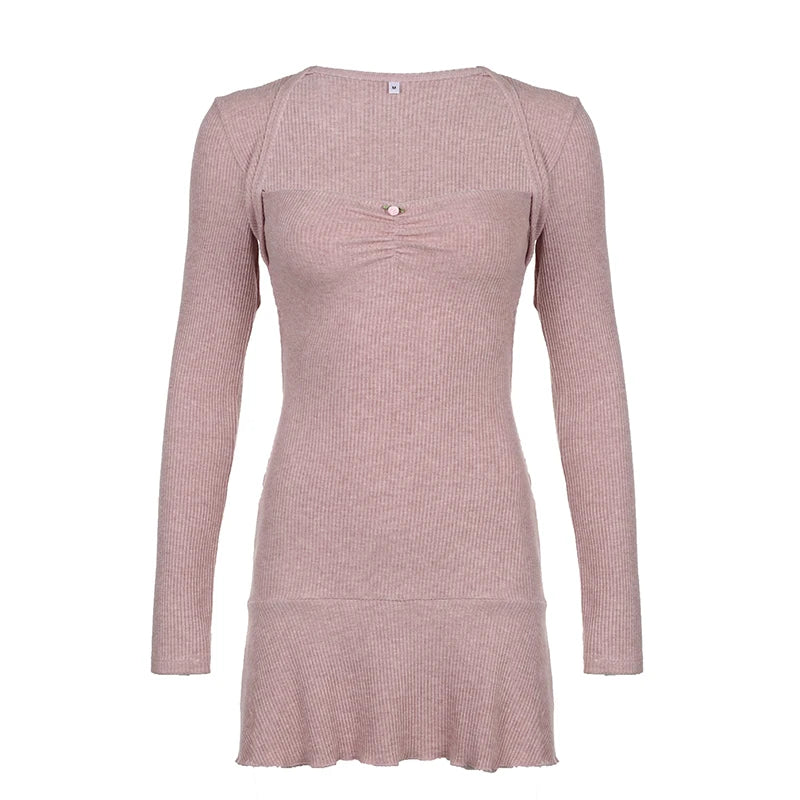 Korean Square Neck Pink Autumn Dress Women Sweet Fold Coquette Clothes Slim Basic Knit Mini Dress Elegant Stylish