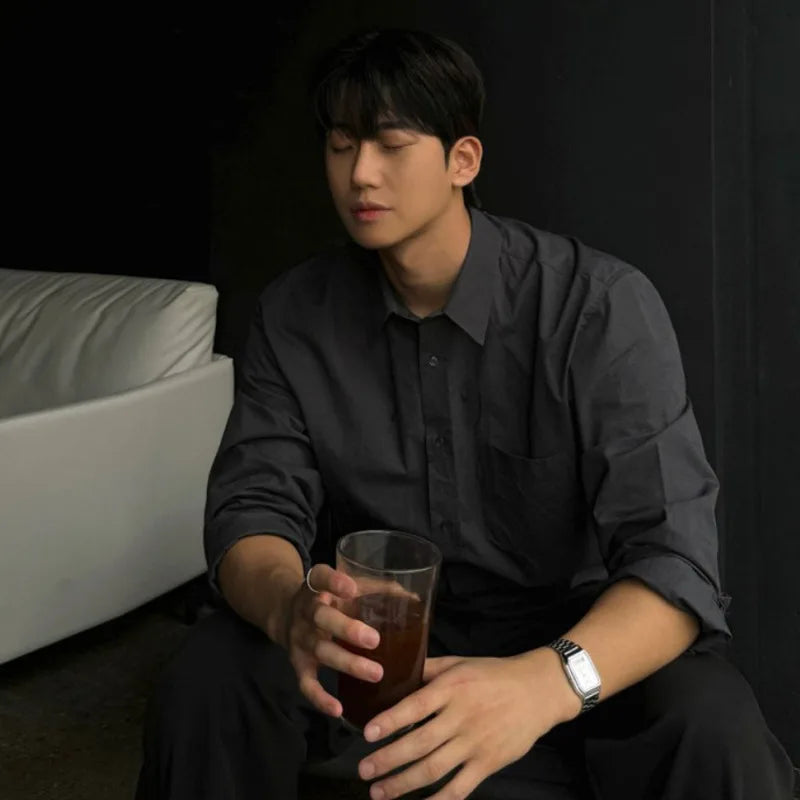 Male Simple Long Sleeve Shirt New Spring Loose Solid Color Shirts New Korean Single Breasted Trendy Men's Top 9W1451