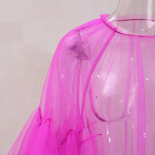 Load image into Gallery viewer, Women Purple Ruffles Mesh Perspective Big Size Long Dress New Round Neck Half Sleeve Fashion Spring Summer 2025 JR7711
