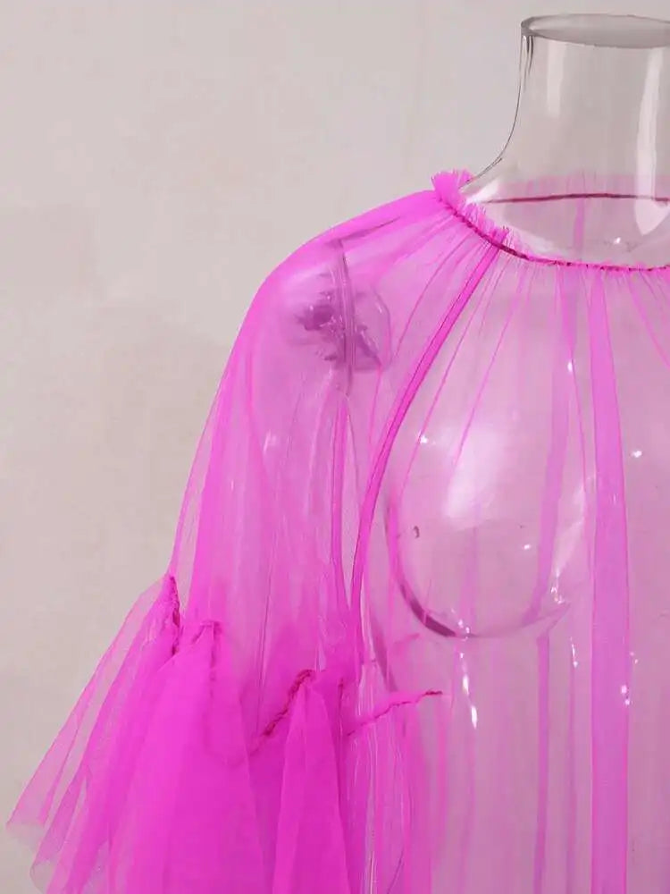 Women Purple Ruffles Mesh Perspective Big Size Long Dress New Round Neck Half Sleeve Fashion Spring Summer 2025 JR7711