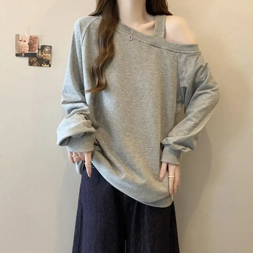 Load image into Gallery viewer, Korean Version Casual Women's Autumn Winter New Grey Versatile Long Sleeved Cotton Tops Black Off Shoulder Velvet Sweatershirt
