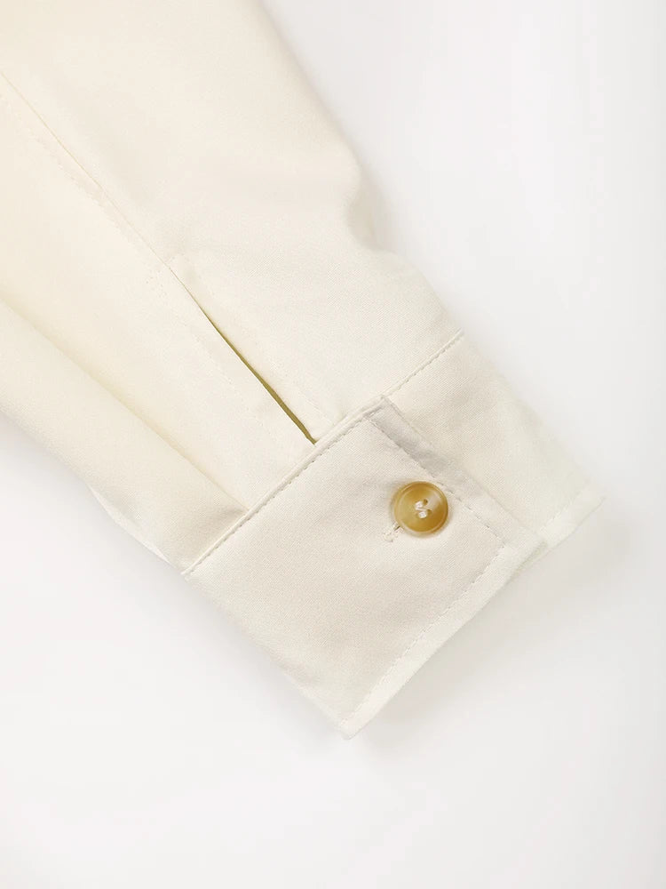 Women Beige Zipper Pocket Back Bandage Blouse New Lapel Long Sleeve Loose Fit Shirt Fashion Spring Autumn 2025 1DF149100