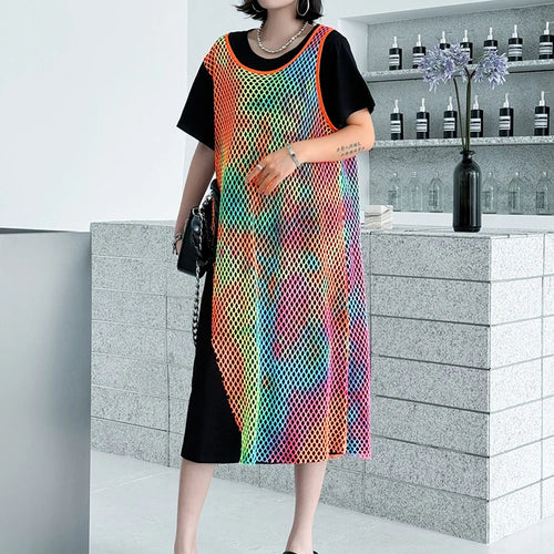 Load image into Gallery viewer, Women Green Colorful Spliced Big Size Midi Dress New Round Neck Short Sleeve Fashion Tide Spring Summer 2025 1DJ1155
