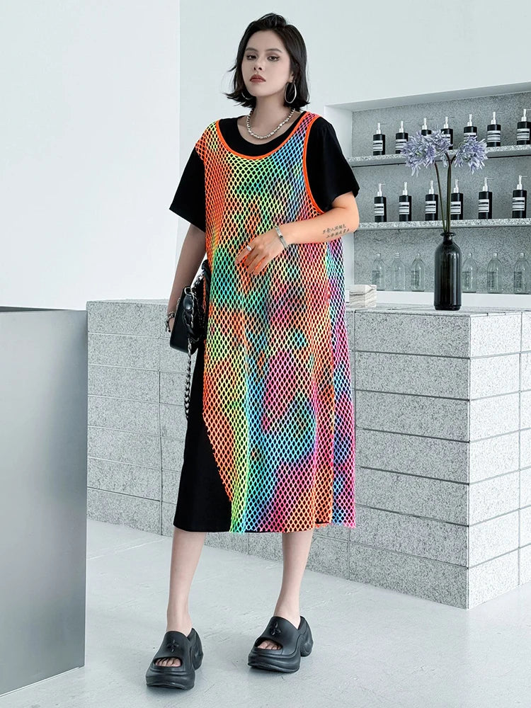 Women Green Colorful Spliced Big Size Midi Dress New Round Neck Short Sleeve Fashion Tide Spring Summer 2025 1DJ1155