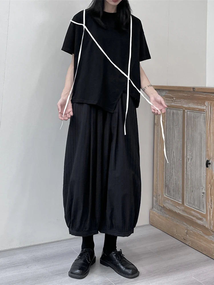 Women White Ribbon Color-block Big Size Casual T-shirt New Round Neck Short Sleeve Fashion Tide Spring Summer 2025 1DJ1675