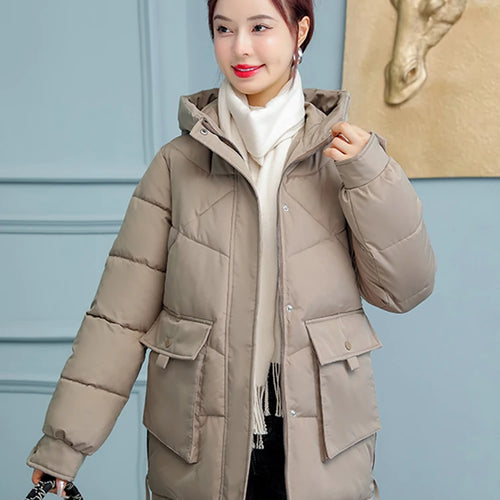 Load image into Gallery viewer, Down Cotton Jackets Winter Korean Women Parkas Loose Thickened Hooded Warm Coat Woman Mid-length Blue Khaki Jacket M-XXL
