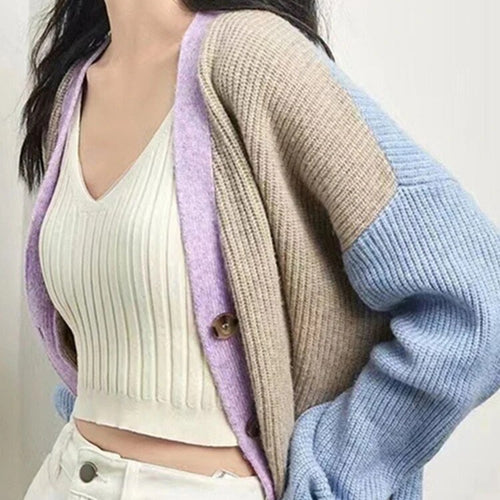 Load image into Gallery viewer, Hit Color Design Sweaters For Women V Neck Long Sleeve Patchwork Single Breasted Knitting Casual Sweater Female
