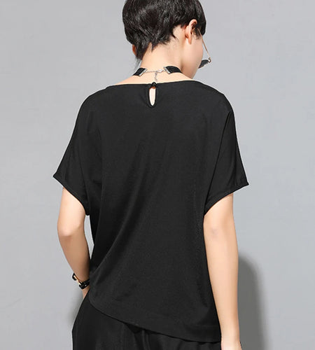 Women Black Irregular Pleated Big Size Casual T-shirt New Round Neck Short Sleeve Fashion Tide Spring Summer 2025 1DJ1755