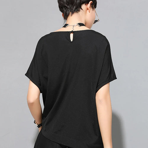 Load image into Gallery viewer, Women Black Irregular Pleated Big Size Casual T-shirt New Round Neck Short Sleeve Fashion Tide Spring Summer 2025 1DJ1755
