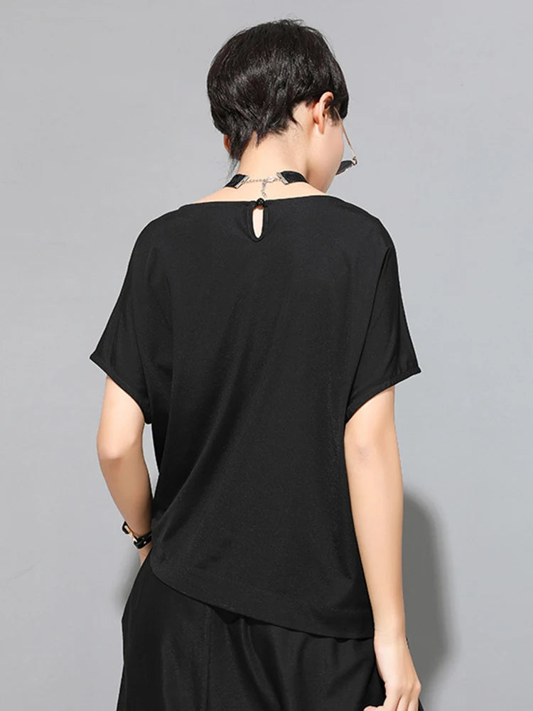 Women Black Irregular Pleated Big Size Casual T-shirt New Round Neck Short Sleeve Fashion Tide Spring Summer 2025 1DJ1755
