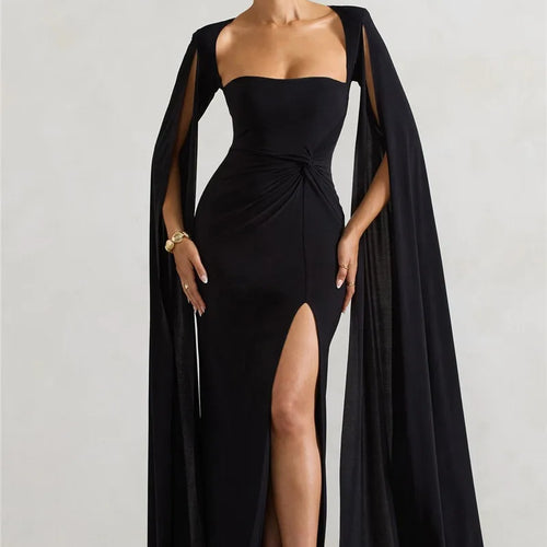 Load image into Gallery viewer, Long Cape Sleeve Split Maxi Dress For Women Gown Fashion Solid Square Collar Evening Sexy Long Dress Elegant New
