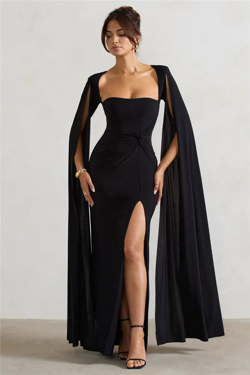 Long Cape Sleeve Split Maxi Dress For Women Gown Fashion Solid Square Collar Evening Sexy Long Dress Elegant New