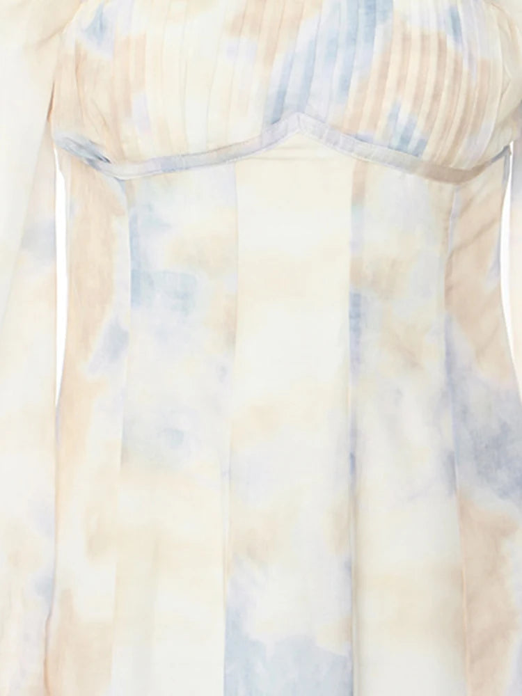 Women Pattern Printed Elegant Long Dress New Square Collar Long Puff Sleeve Fashion Tide Spring Autumn 2025 1DJ0340