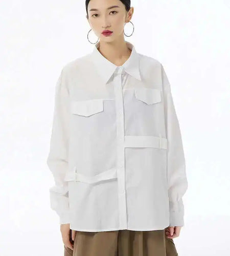 Women White False Pocket Big Size Casual Blouse New Lapel Long Sleeve Shirt Fashion Tide Spring Autumn 2025 1DH6683