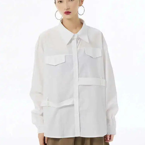 Load image into Gallery viewer, Women White False Pocket Big Size Casual Blouse New Lapel Long Sleeve Shirt Fashion Tide Spring Autumn 2025 1DH6683

