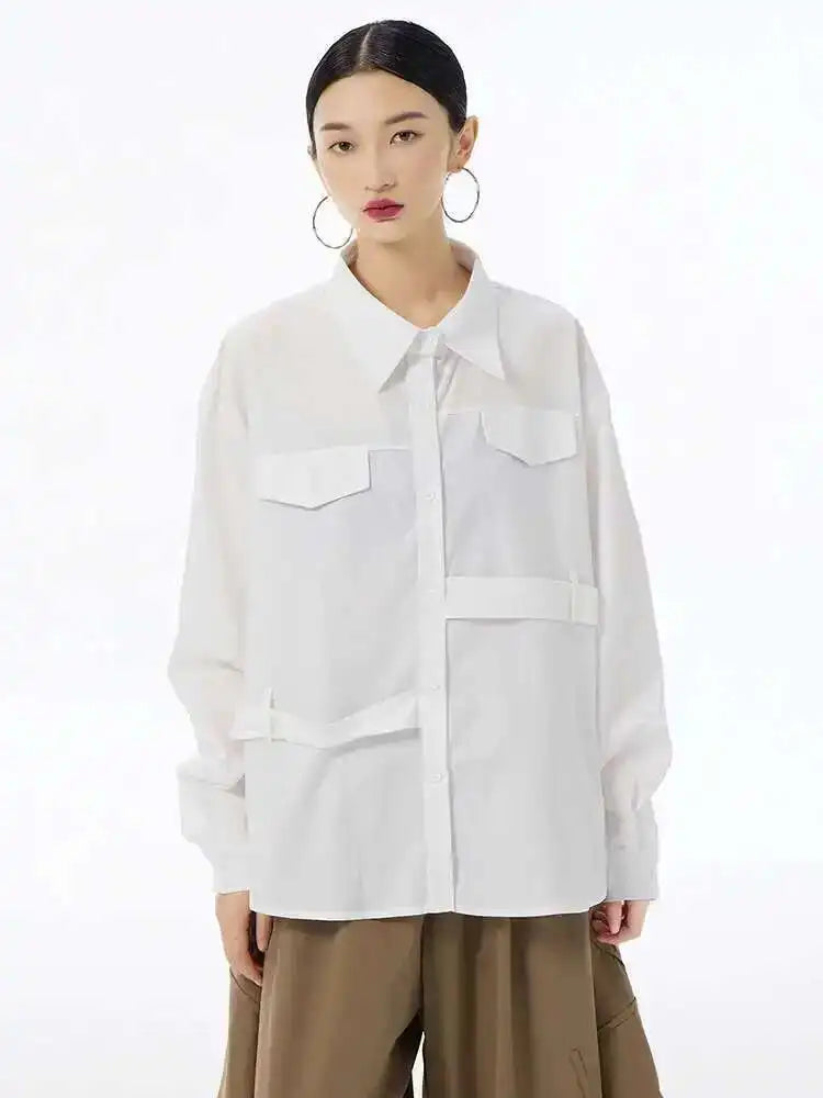 Women White False Pocket Big Size Casual Blouse New Lapel Long Sleeve Shirt Fashion Tide Spring Autumn 2025 1DH6683