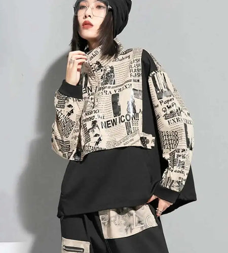 Loose Fit Printed Spliced Sweatshirt New Stand Collar Long Sleeve Women Big Size Fashion Tide Spring Autumn 2025 1DF1320