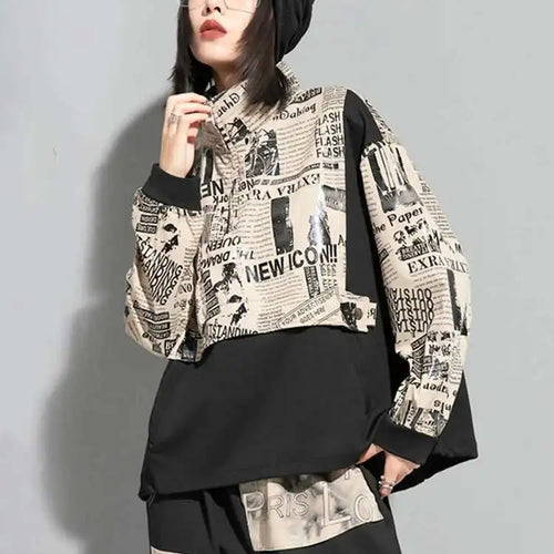 Load image into Gallery viewer, Loose Fit Printed Spliced Sweatshirt New Stand Collar Long Sleeve Women Big Size Fashion Tide Spring Autumn 2025 1DF1320
