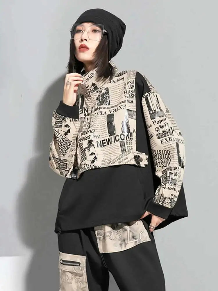 Loose Fit Printed Spliced Sweatshirt New Stand Collar Long Sleeve Women Big Size Fashion Tide Spring Autumn 2025 1DF1320