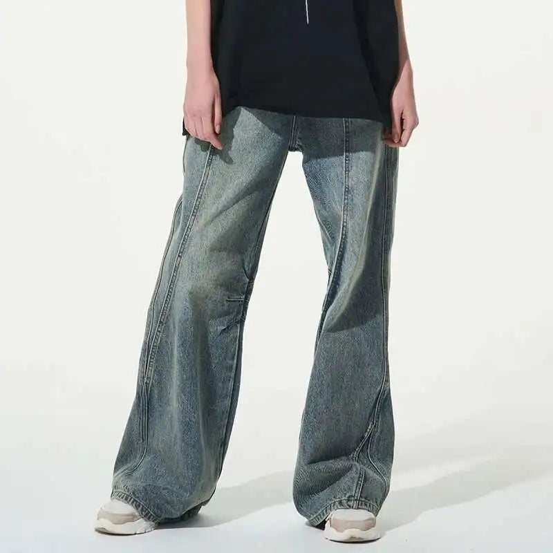 Wide Leg Men Jeans Reverse Deconstruction Design Korean Style Washed Loose Denim Pants High Street Male Trousers New 9C6621